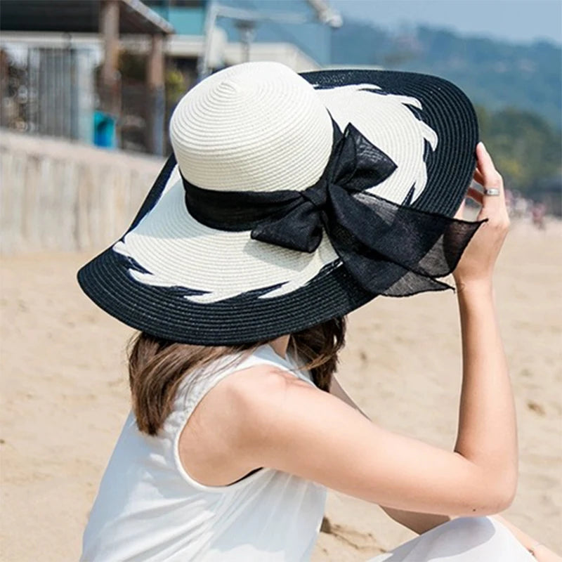 New Women Chrysanthemum Bow Cowboy Hats Beach Outdoor Jazz Sunshade Foldable Travel Straw Caps Versatile Color Block Elegant ins