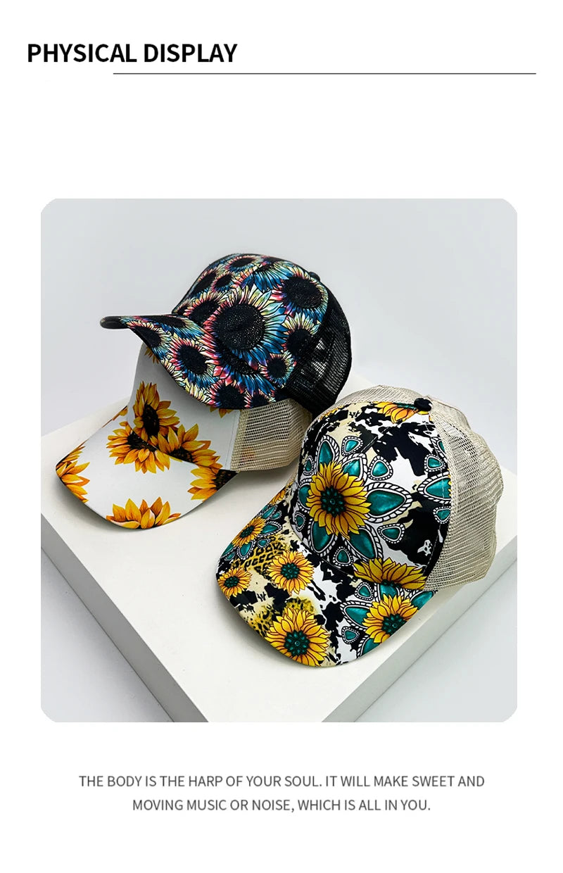 New Women Print Sunflower Color Block Baseball Hats Breathable Criss Cross Ponytail Sunshade Versatile Trucker caps Mesh Fashion