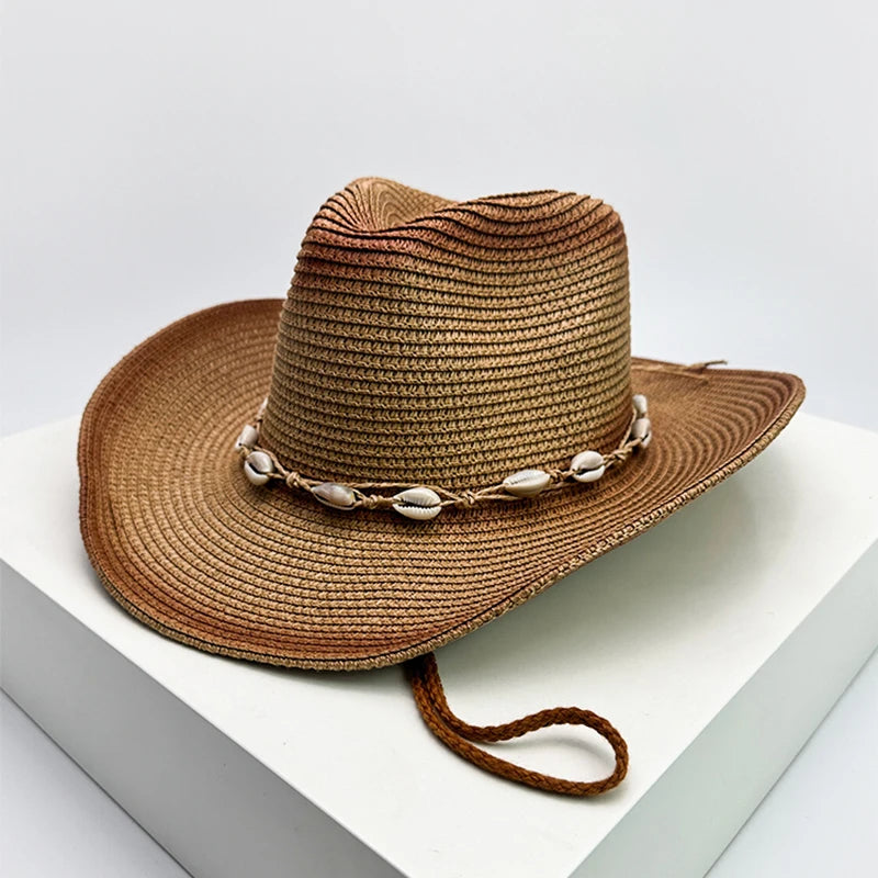 New Unisex Gradient Retro Cowboy Hats Jazz Hollow Out Outdoor Travel Shell Beach Sunshade Straw Wove Caps Versatile Foldable ins