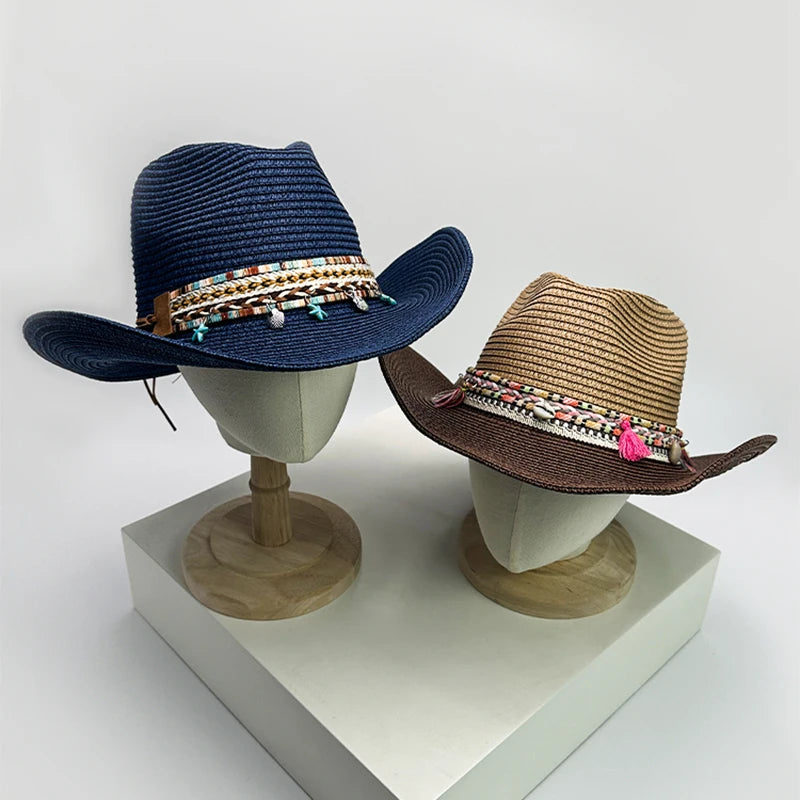 New Unisex Bohemian Style Beach Cowboy Hats Travel Personal Sunshade Distress Outdoor Ethnic Style Straw Caps Versatile Foldable