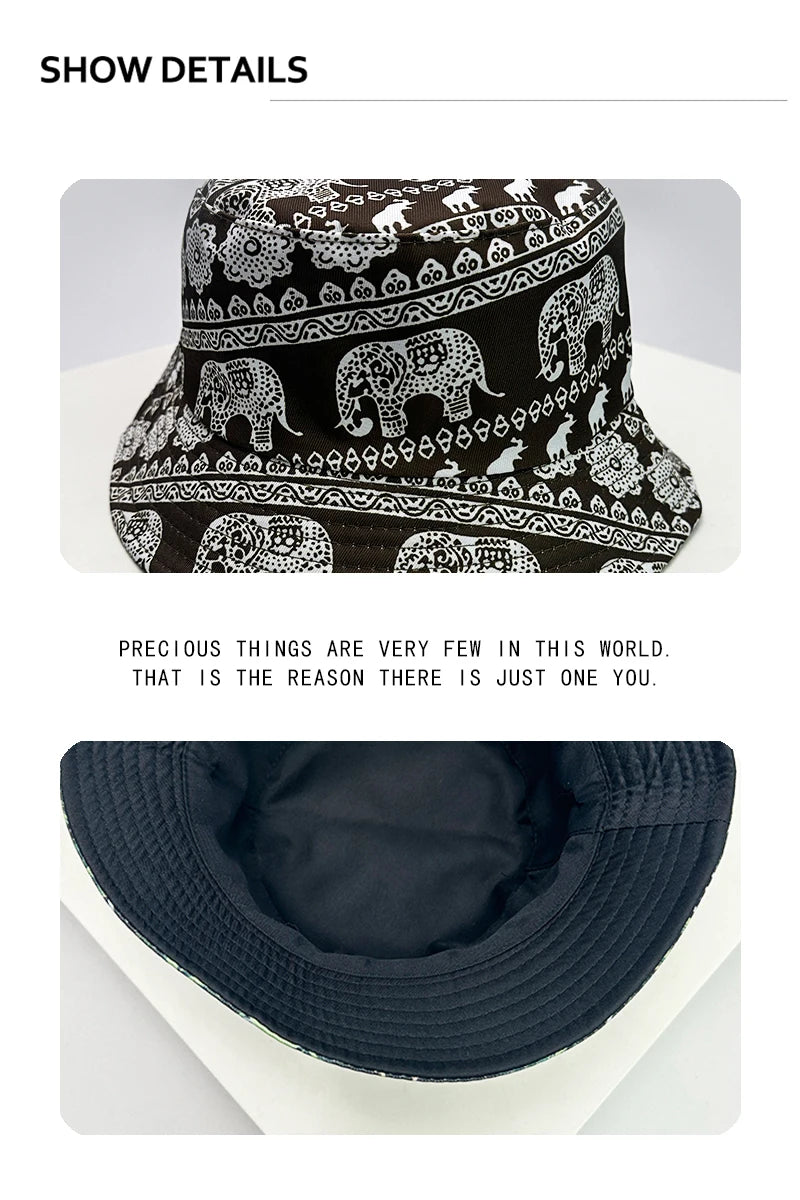 New Unisex Print Elephant Flower Bucket Hats Casual Sunshade Versatile Ethnic Style Double Sided Wearable Fisherman Caps Fashion