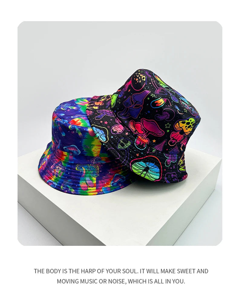 New Unisex Graffiti Colored Mushrooms Bucket Hats Double Sided Wearable Sunshade Personal Versatile Fisherman Caps Fashion Retro