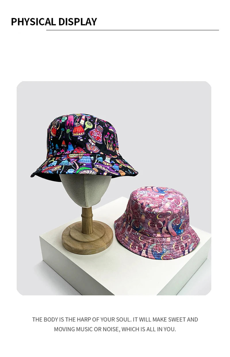 New Unisex Graffiti Colored Mushrooms Bucket Hats Double Sided Wearable Sunshade Personal Versatile Fisherman Caps Fashion Retro