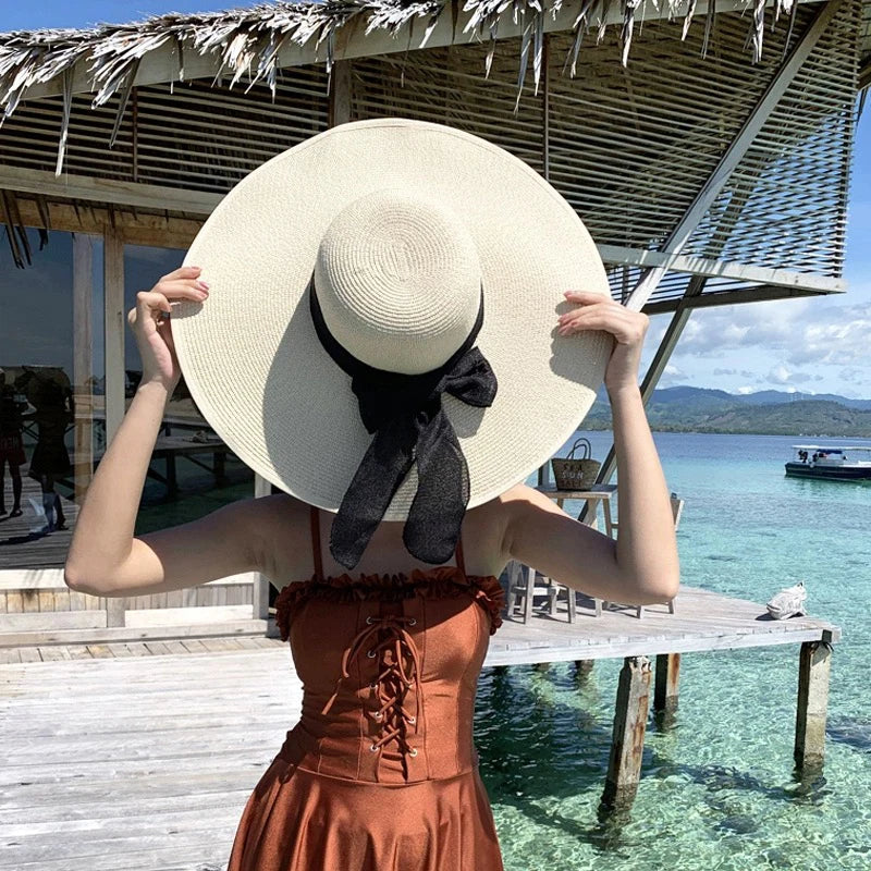 New Women Chrysanthemum Bow Cowboy Hats Beach Outdoor Jazz Sunshade Foldable Travel Straw Caps Versatile Color Block Elegant ins