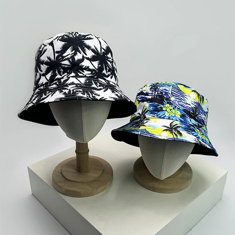 New Unisex Print Coconut Tree Bucket Hats Retro Sunshade Double Sided Wearable Fashion Fisherman Caps Versatile Casual Travel