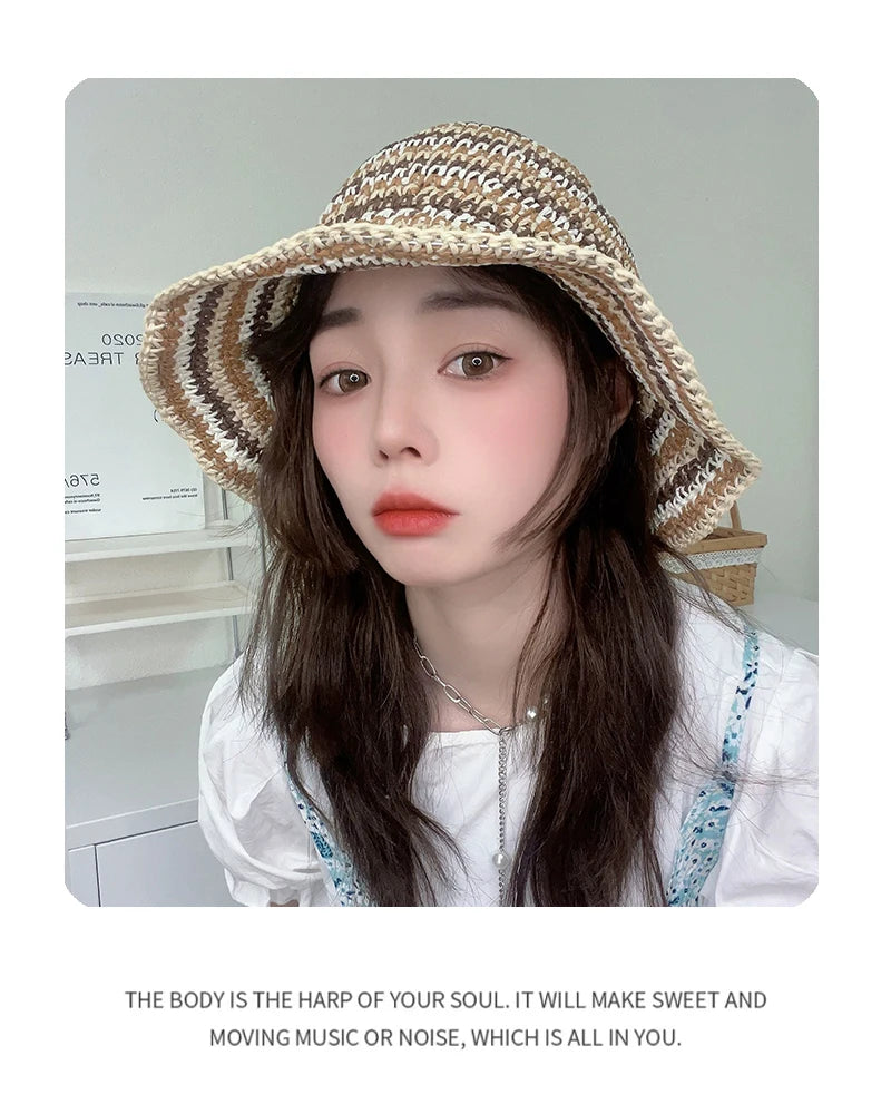 New Women Bohemian Striped Bucket Hats Sunshade Outdoor Breathable Travel Versatile Beach Straw Caps Fashion Personal Niche ins