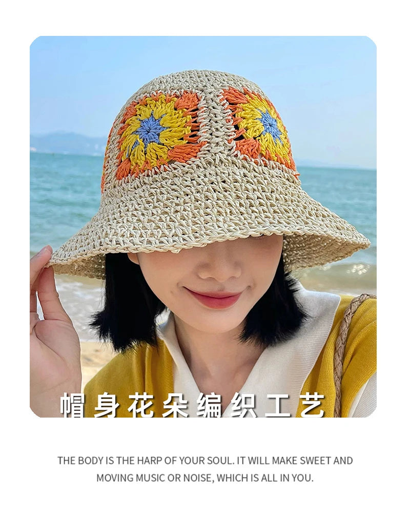 New Women Korean Flower Niche Bucket Hats Sunshade Outdoor Breathable Casual Versatile Beach Straw Caps Fashion Bohemian ins