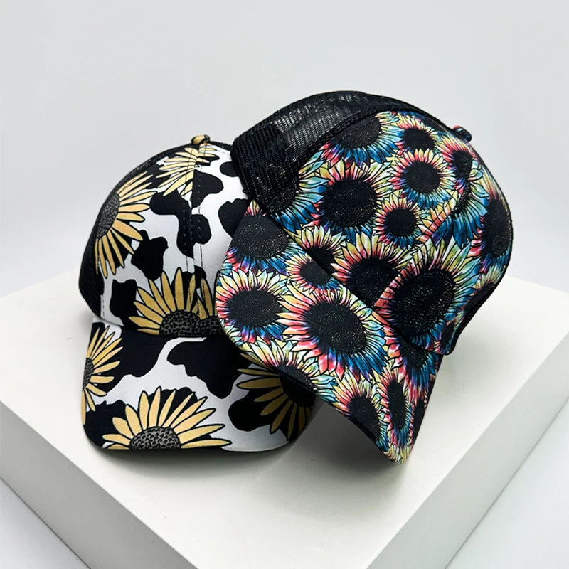 New Women Print Sunflower Color Block Baseball Hats Breathable Criss Cross Ponytail Sunshade Versatile Trucker caps Mesh Fashion