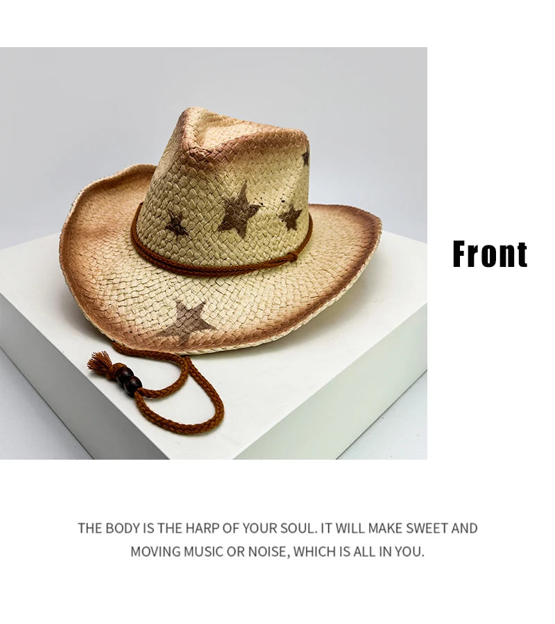 New Women Star Millennium Spicy Cowboy Hats Gradient Outdoor Breathable Sunshade Travel Straw Caps Versatile American Vintage