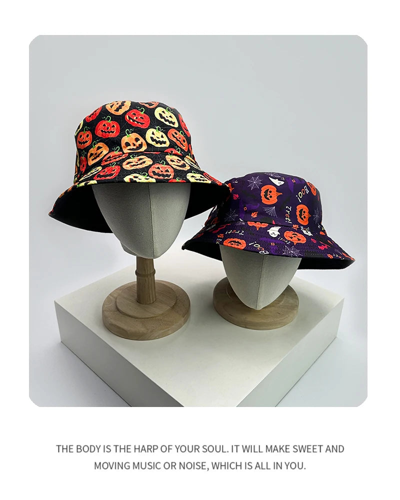 New Unisex Halloween Elements Graffiti Pumpkin Bucket Hats Sunshade Double Sided Wearable Versatile Fisherman Caps Fashion Funny