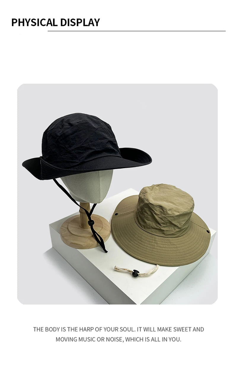 New Unisex Quick Drying Solid Bucket Hats Camp Sunshade Drawstring Breathable Outdoor Alpine Cap Versatile Fashion Casual Retro