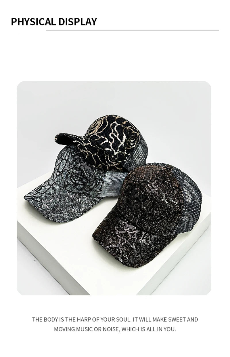 New Women Sequin Rose Baseball Hats Outdoor Breathable Casual Sunshade Personal Peaked Caps Versatile Fashion Westernized Retro