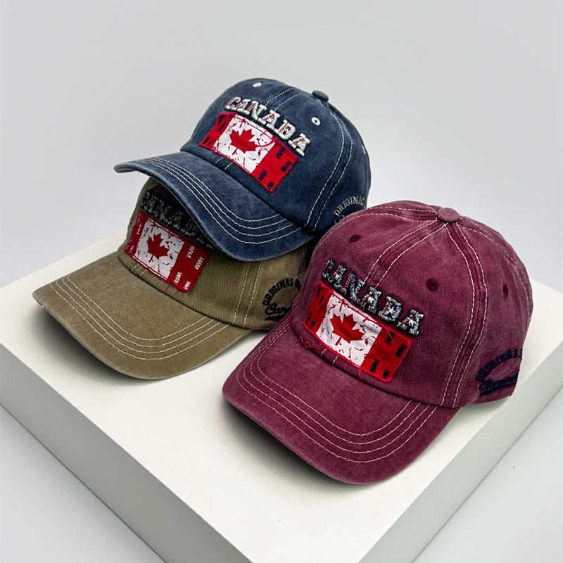 New Unisex Canadian Flag Letter Embroidery Baseball Hats Breathable Retro Sunshade Distress Peaked Caps Versatile Fashion Casual