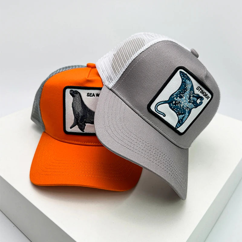 New Men Women Color Block Embroidery Cartoon Marine Animals Baseball Hats Personal Breathable Trucker Cap Mesh Hip Hop Versatile