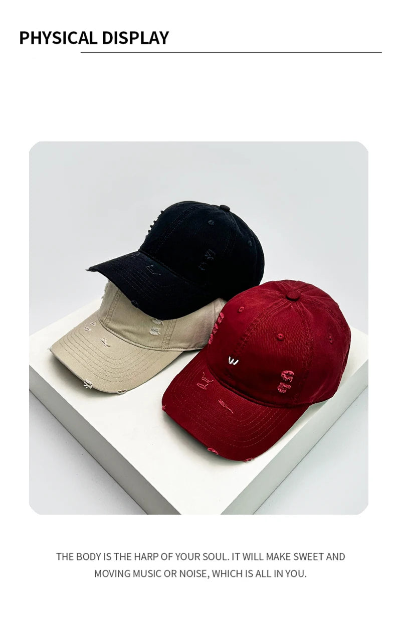 New Unisex Embroidered W Letters Solid Baseball Hats Breathable Broken Sunshade Simple Peaked Caps Versatile Casual Fashion ins