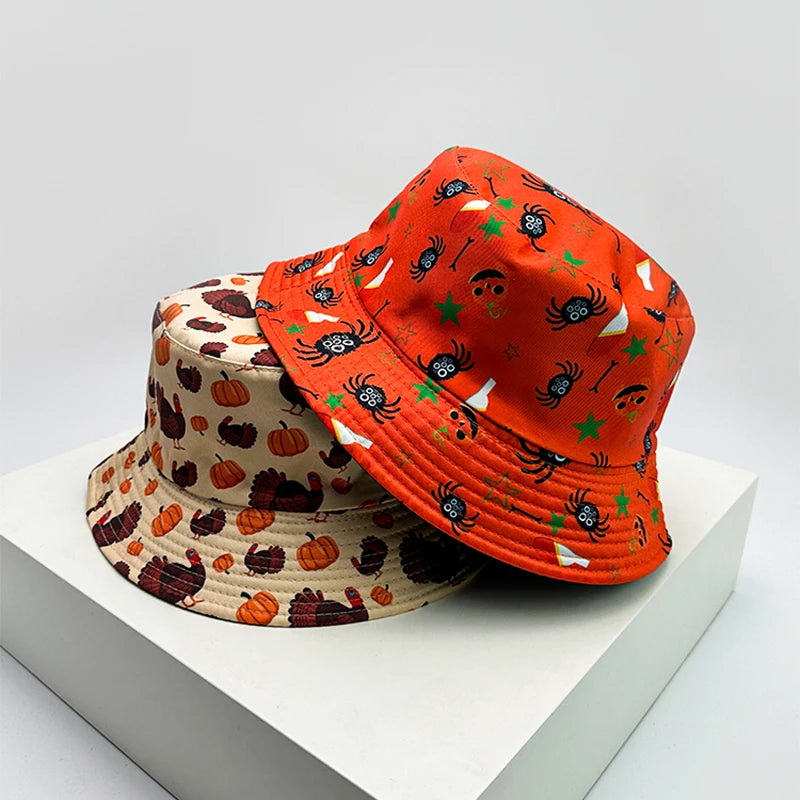 New Unisex Halloween Elements Graffiti Pumpkin Bucket Hats Sunshade Double Sided Wearable Versatile Fisherman Caps Fashion Funny