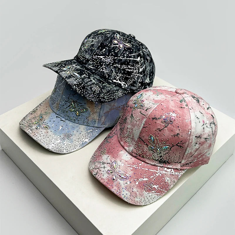 New Women Sparkling Diamond Butterfly Baseball Hats Breathable Bandhnu Sunshade Casual Peaked Caps Versatile Fashion Outdoor ins