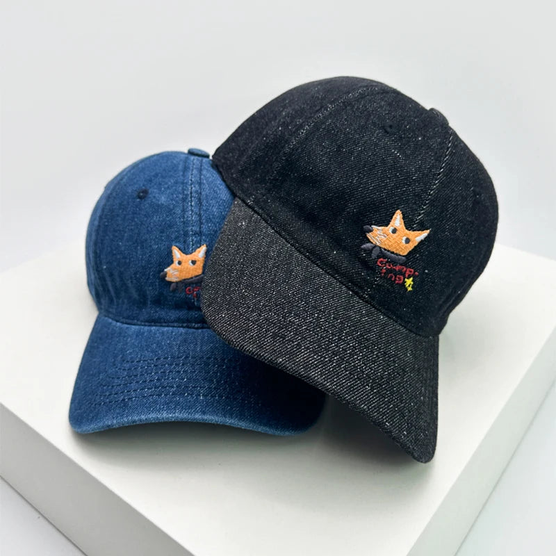 New Men Woman Denim Fun Cartoon Fox Embroidery Baseball Hats Sunshade Breathable Cute Snapback Caps Versatile Fashion Retro ins