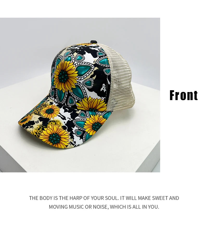 New Women Print Sunflower Color Block Baseball Hats Breathable Criss Cross Ponytail Sunshade Versatile Trucker caps Mesh Fashion