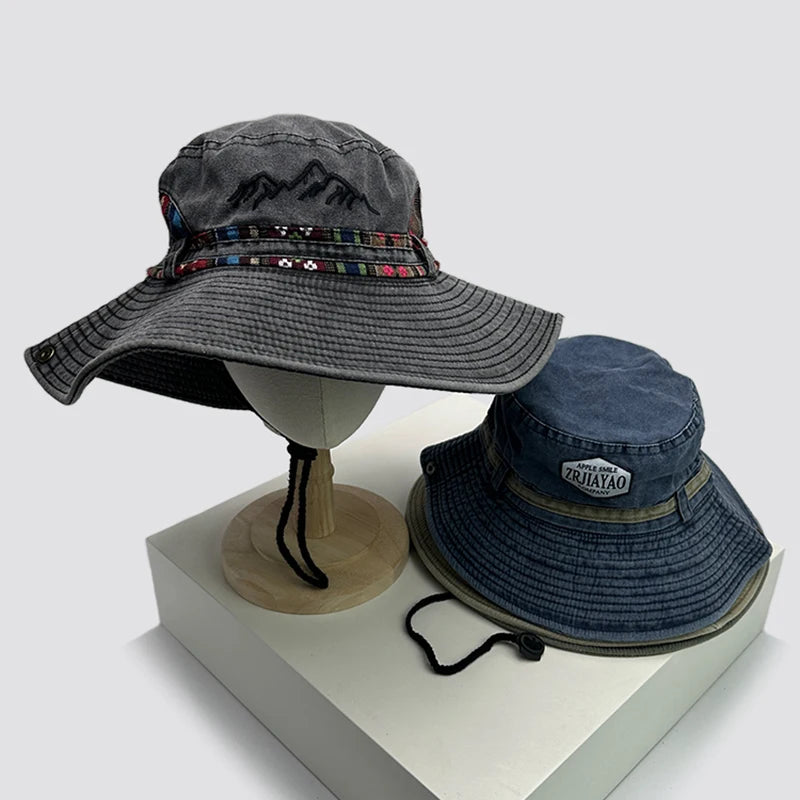 New Unisex Ethnic Style Retro Bucket Hats Casual Sunshade Outdoor Hollow Out Breathable Versatile Alpine Caps Fashion Drawstring