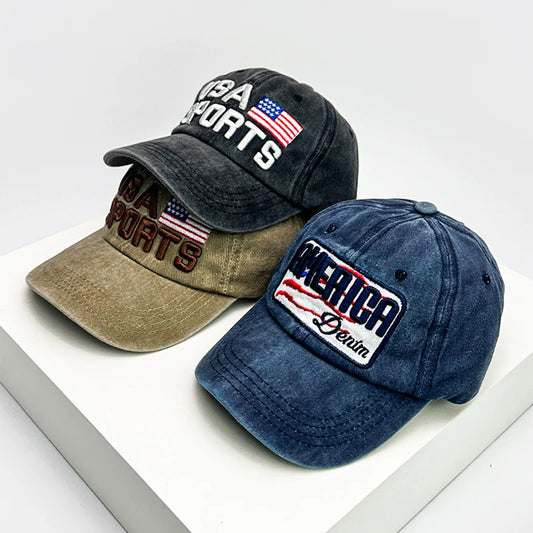 New Unisex Letter Embroidery Distress Baseball Hats American Flag Breathable Retro Sunshade Street Peaked Caps Versatile Fashion