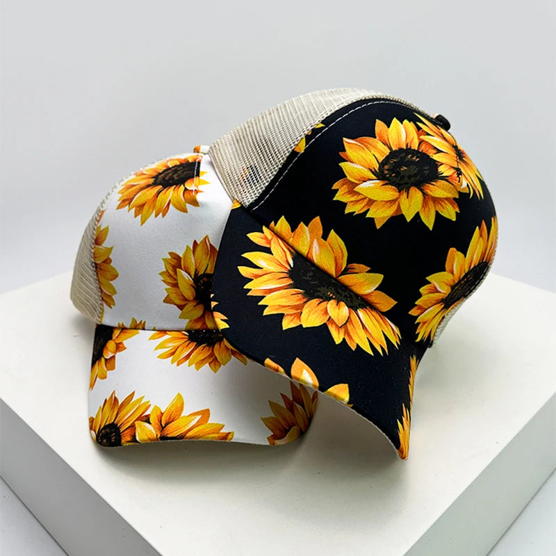 New Women Print Sunflower Color Block Baseball Hats Breathable Criss Cross Ponytail Sunshade Versatile Trucker caps Mesh Fashion