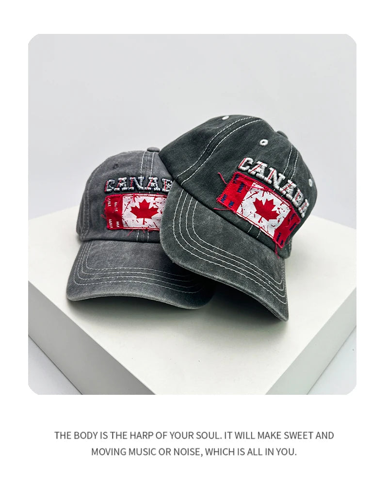 New Unisex Canadian Flag Letter Embroidery Baseball Hats Breathable Retro Sunshade Distress Peaked Caps Versatile Fashion Casual