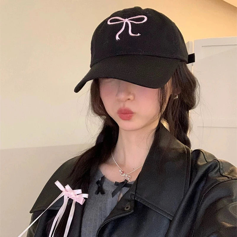 New Men Women Niche Korean Bow Embroidery Baseball Hats Sunshade ins Breathable Sweet Snapback Caps Versatile Fashion Retro