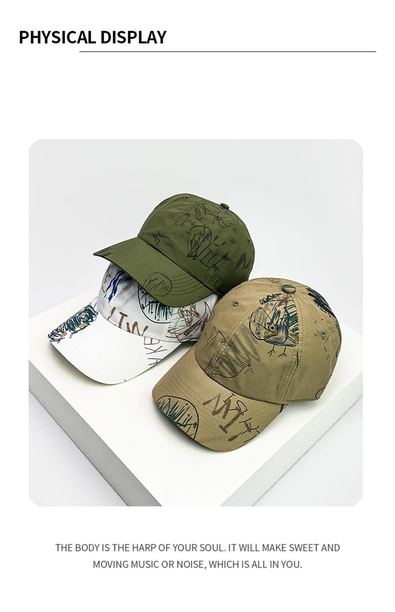 New Unisex Quick Drying Graffiti Personal Baseball Hats Breathable Outdoor Sunshade Retro Peaked Caps Versatile Fashion Street