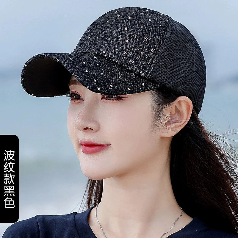 New Women Sequin Solid Baseball Hats Personal Breathable Outdoor Sunshade Casual Mesh Caps Versatile Fashion Korean Comfortable