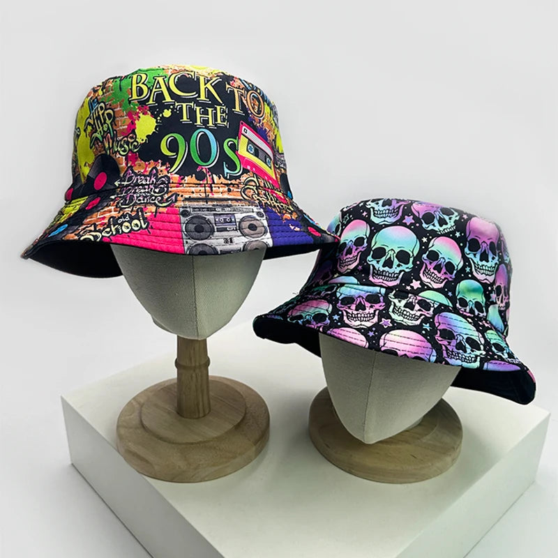 New Unisex Retro Disco Party Bucket Hats Sunshade Hip Hop Versatile Street Fashion Double Sided Wearable Casual Outdoor Travel