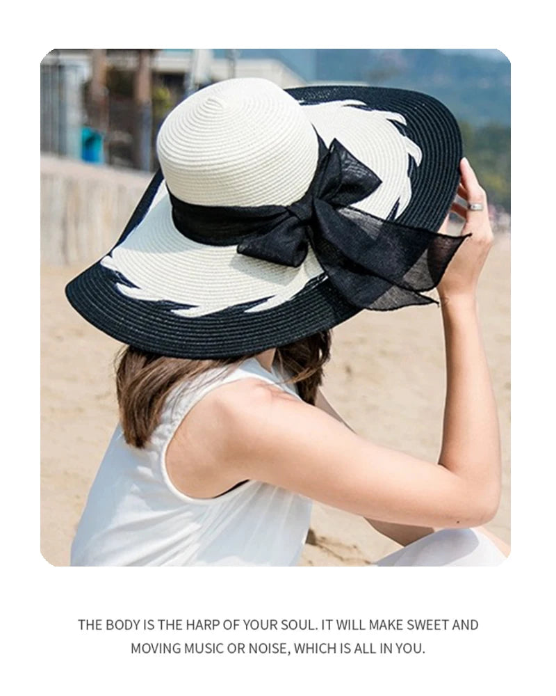 New Women Chrysanthemum Bow Cowboy Hats Beach Outdoor Jazz Sunshade Foldable Travel Straw Caps Versatile Color Block Elegant ins