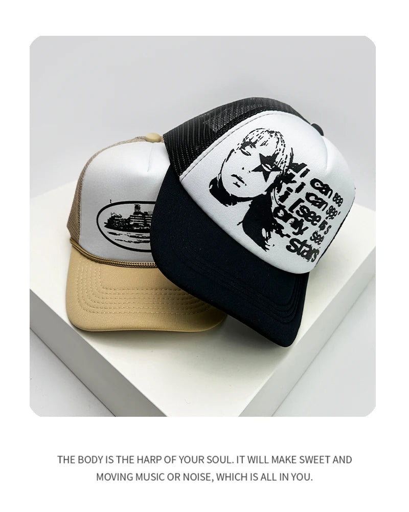 New American Style Men Women Cruise Printed Anime Letter Half Mesh Caps Sunshade Breathable Baseball Hats Versatile Fashion Cute