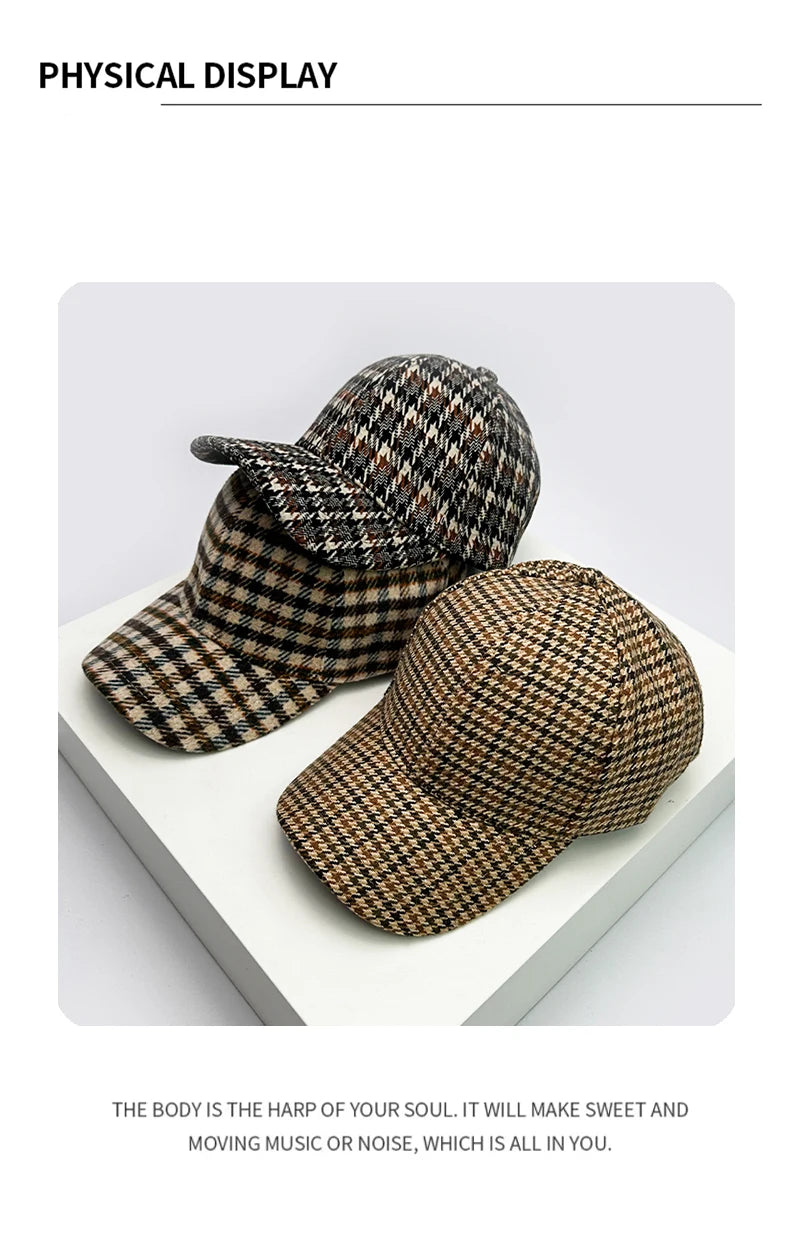 Autumn and Winter New Men Women Warm Woolen Cloth Stripe Check Baseball Caps Versatile Fashion British Style Retro Houndstooth