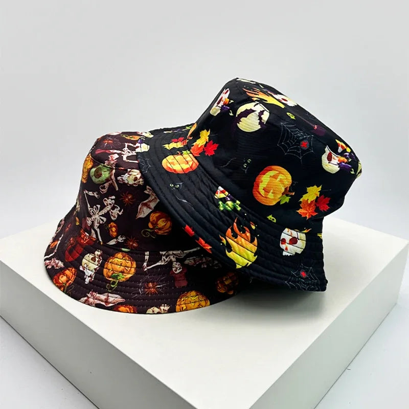 New Unisex Print Halloween Elements Skull Bucket Hats funny Sunshade Fashion Double Sided Wearable Fisherman Caps Versatile ins