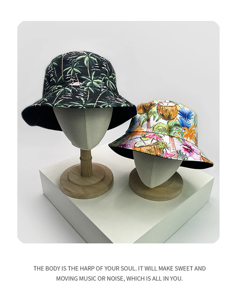 New Unisex Print Coconut Tree Flamingo Bucket Hats Sunshade Casual Versatile Travel Double Sided Wearable Fisherman Caps Fashion