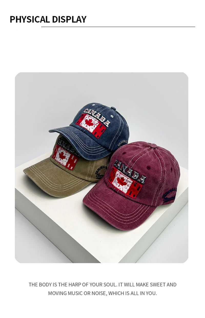 New Unisex Canadian Flag Letter Embroidery Baseball Hats Breathable Retro Sunshade Distress Peaked Caps Versatile Fashion Casual