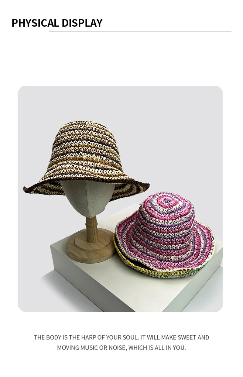 New Women Bohemian Striped Bucket Hats Sunshade Outdoor Breathable Travel Versatile Beach Straw Caps Fashion Personal Niche ins