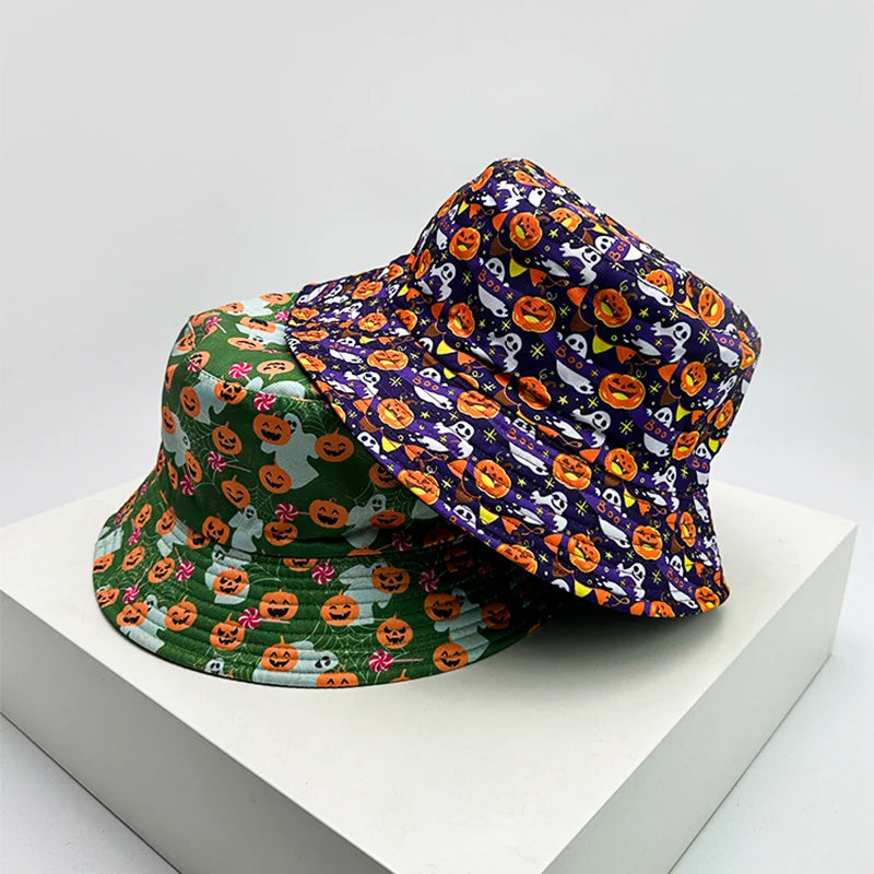 New Unisex Halloween Elements Graffiti Pumpkin Bucket Hats Sunshade Double Sided Wearable Versatile Fisherman Caps Fashion Funny