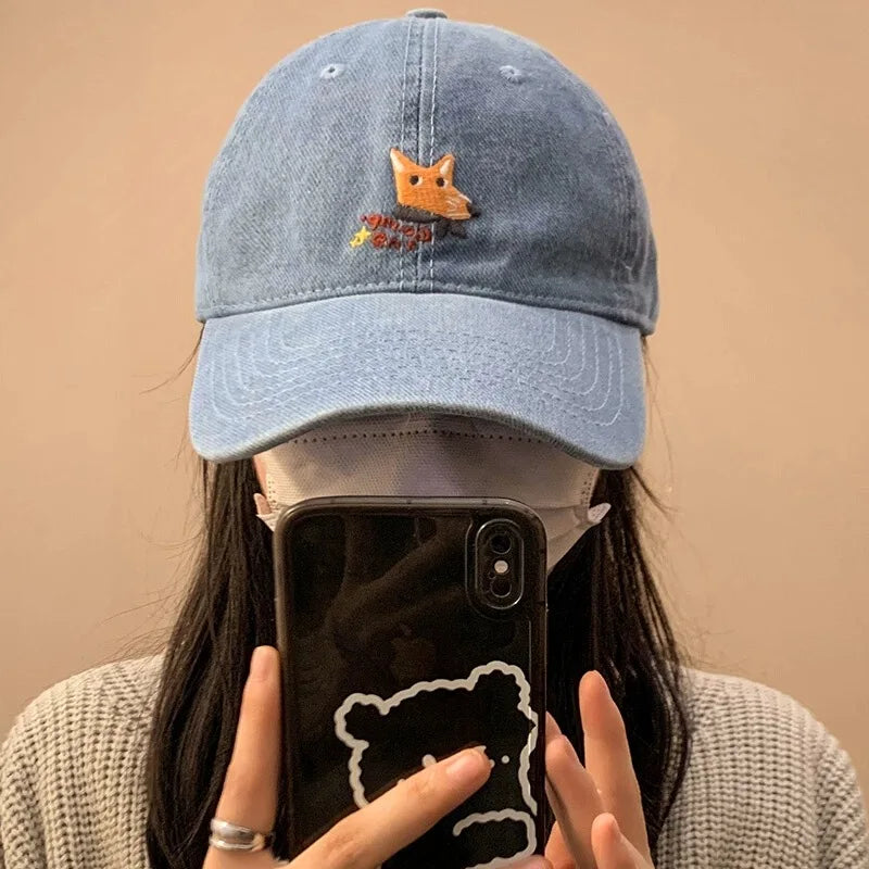 New Men Woman Denim Fun Cartoon Fox Embroidery Baseball Hats Sunshade Breathable Cute Snapback Caps Versatile Fashion Retro ins