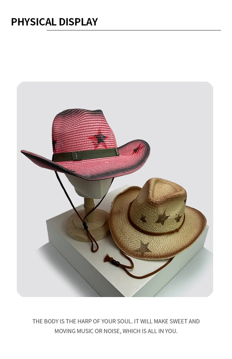 New Women Star Millennium Spicy Cowboy Hats Gradient Outdoor Breathable Sunshade Travel Straw Caps Versatile American Vintage