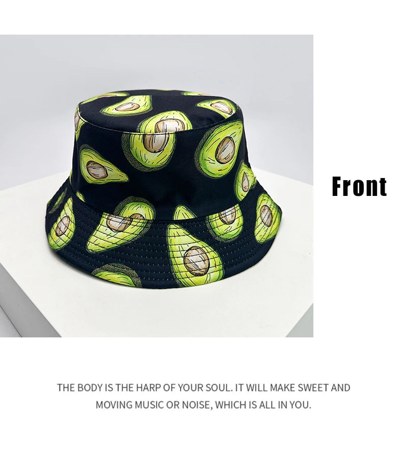 New Unisex Fruits Vegetables Print Bucket Hats Sunshade Versatile European American Fashion Double Sided Wearable Fisherman Caps