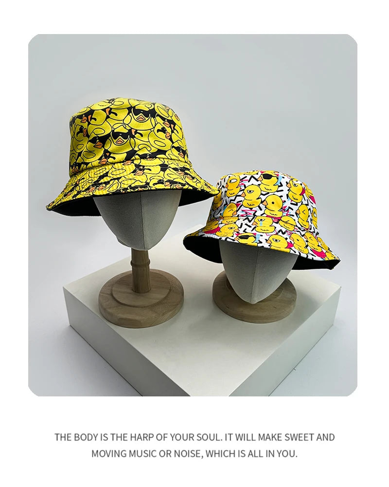 New Unisex Print Yellow Duck Bucket Hats Sunshade Double Sided Wearable Fashion Cute Casual Fisherman Caps Versatile Cartoon ins