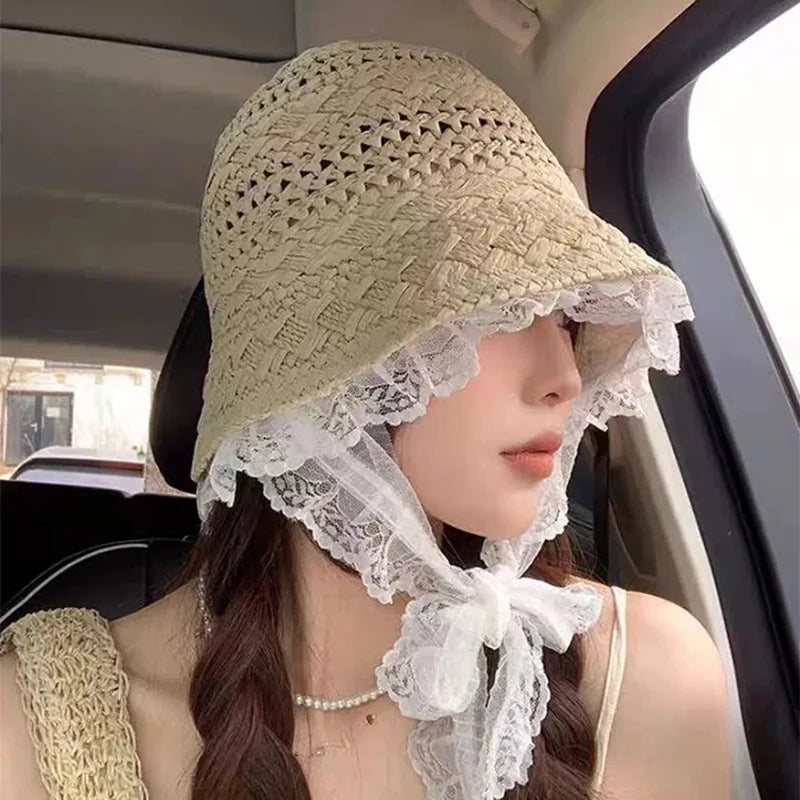 New Women French Lace Hollow Out Bucket Hats Sunshade Beach Breathable Outdoor Versatile Travel Fisherman Caps Fashion Elegant