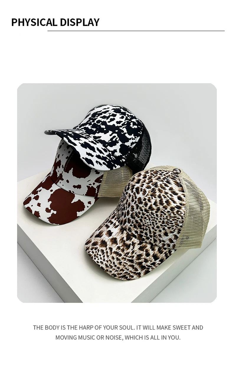 New Women Print Cow Leopard Baseball Hats Mesh Breathable Criss Cross Ponytail Sunshade Versatile Trucker caps Fashion Outdoor