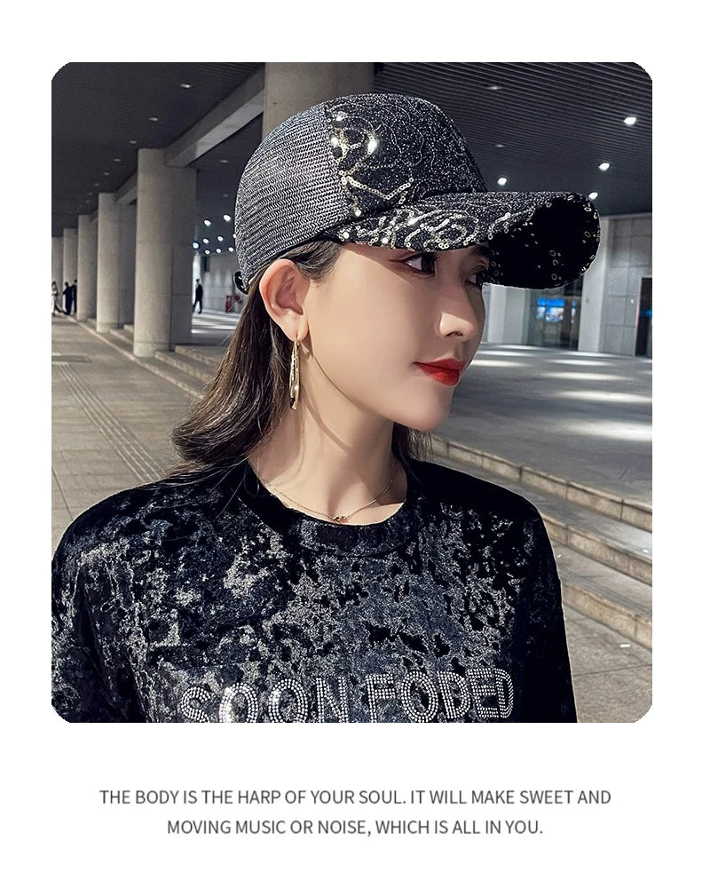 New Women Sequin Rose Baseball Hats Outdoor Breathable Casual Sunshade Personal Peaked Caps Versatile Fashion Westernized Retro