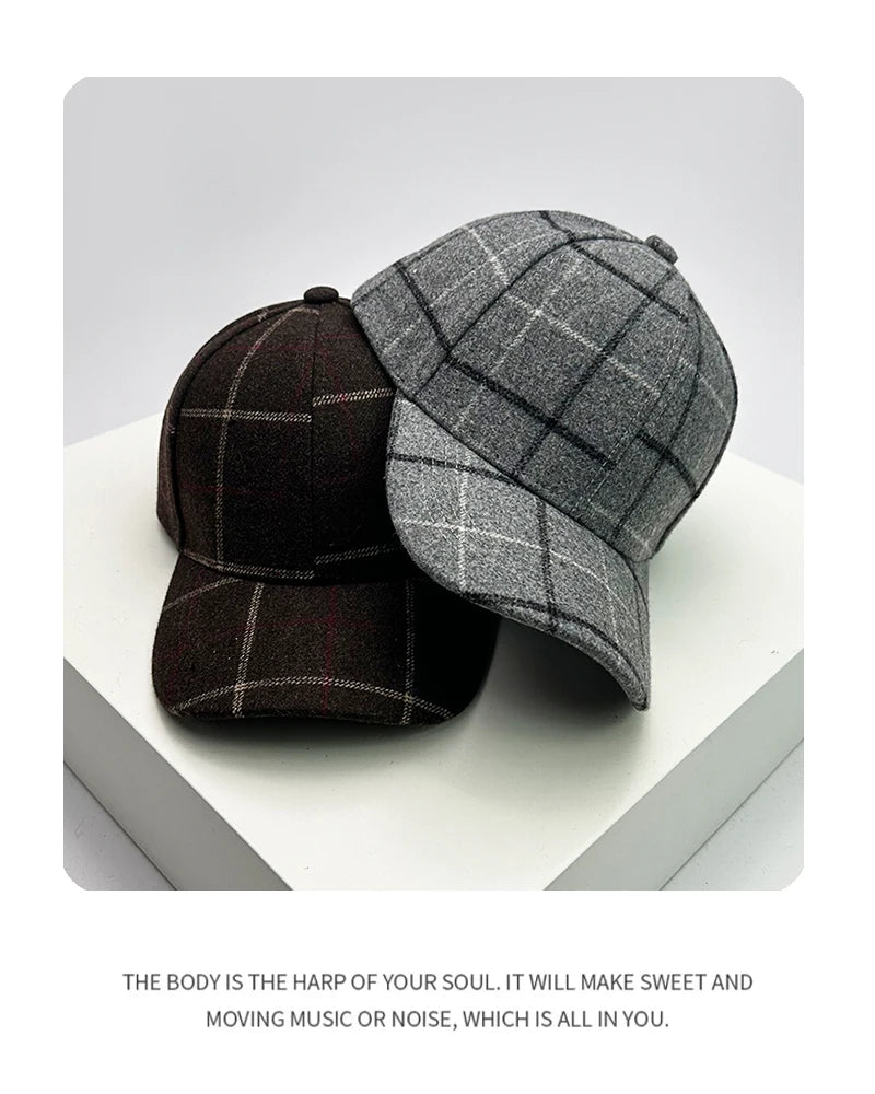 Autumn and Winter New Men Women Versatile Color Block Woolen Cloth Baseball Caps Cotton Fashion Casual  British Style Check Warm