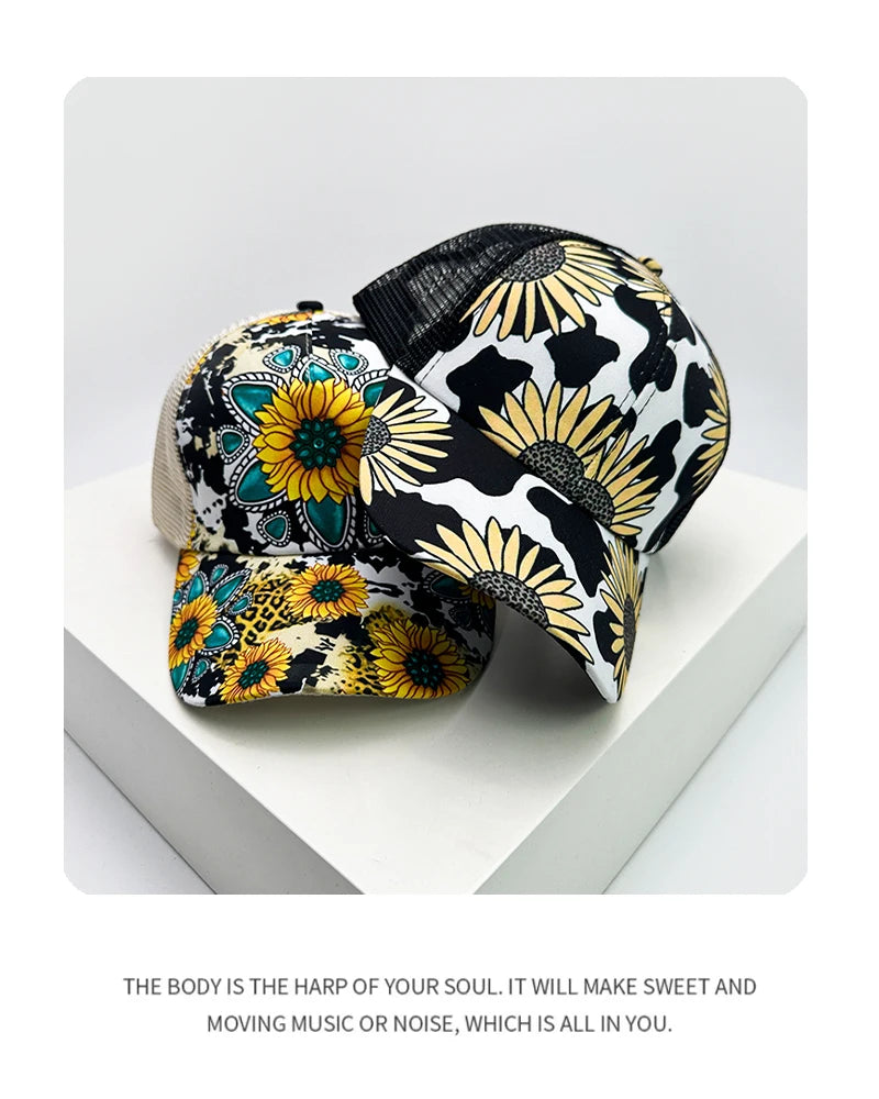 New Women Print Sunflower Color Block Baseball Hats Breathable Criss Cross Ponytail Sunshade Versatile Trucker caps Mesh Fashion