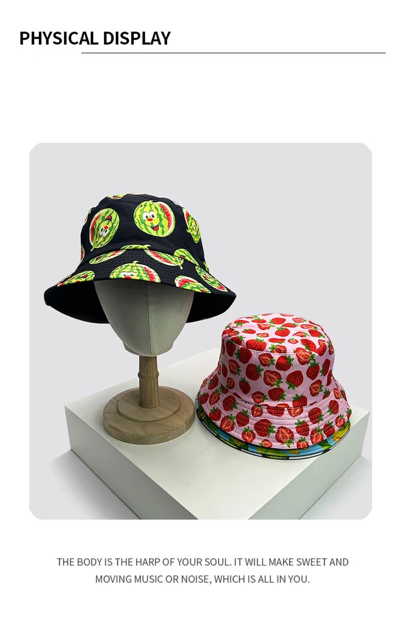 New Unisex Fruits Vegetables Print Bucket Hats Sunshade Versatile European American Fashion Double Sided Wearable Fisherman Caps