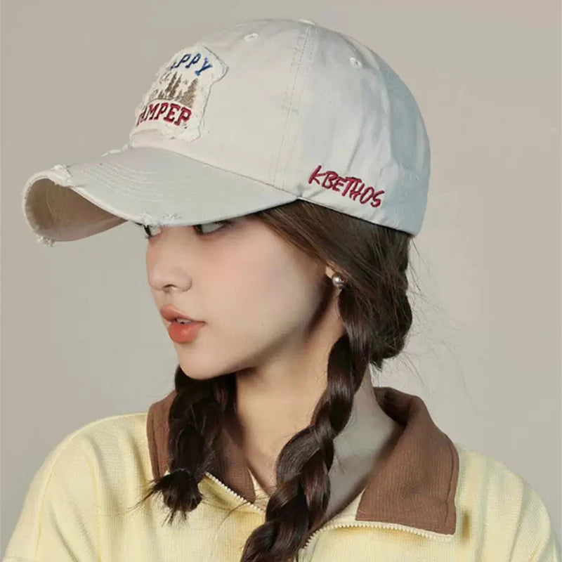 New Unisex Broken Style Letter Embroidery Baseball Hats Breathable Distress Sunshade Korean Peaked Caps Versatile Fashion Retro